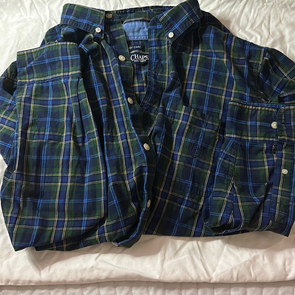 Large Chaps green, blue, yellow and white plaid button up dress shirt